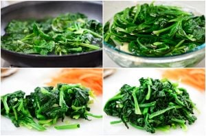4-photo collage for blanching, rinsing cutting and seasoning spinach